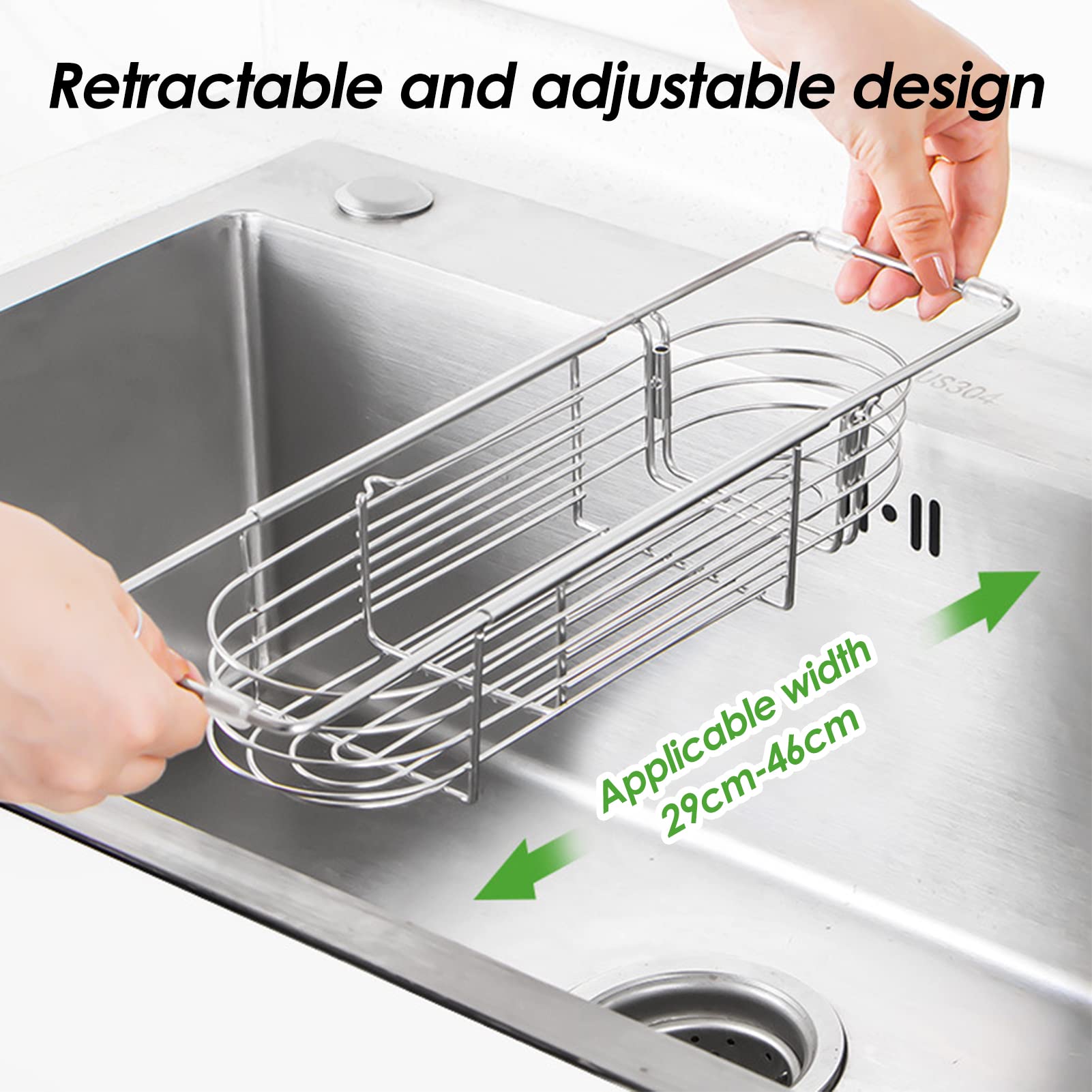 Organizer telescopico per lavello da cucina in acciaio inox, con porta utensili per la pulizia e spugna di sapone, gancio per strofinacci per bagno e cucina