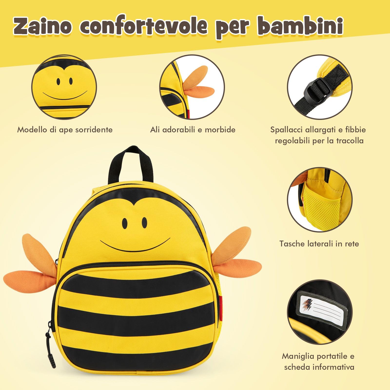 RELAX4LIFE Set Valigia Cavalcabile/Trolley per Bambini 18‘’ con Zaino 12‘’, 4 Ruote Girevoli, Maniglia Retrattile 56cm, 2 Cingie Multiuso, Zaino: 26x30cm/Trolley:47x26,5x36,5cm (Giallo)