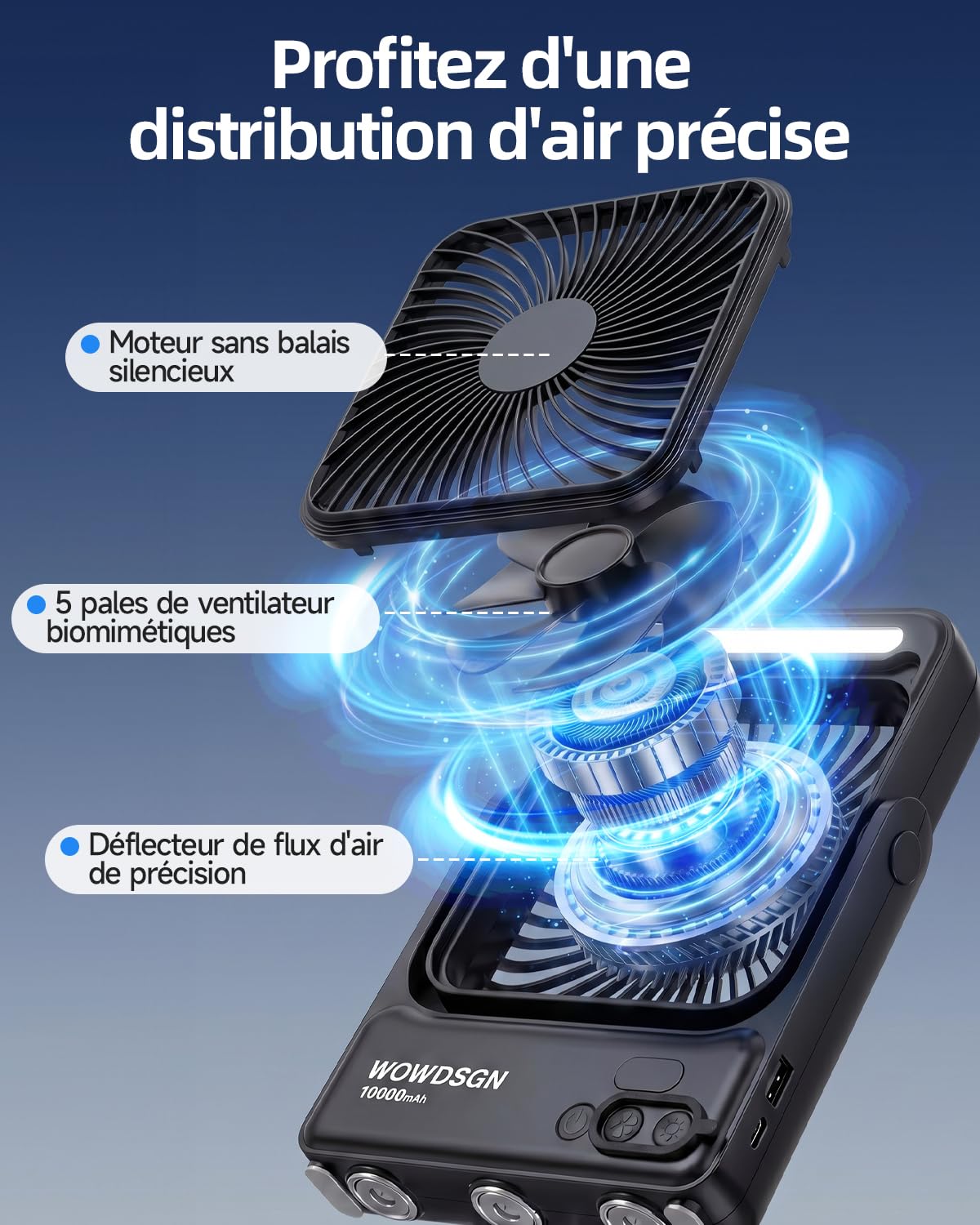 WOWDSGN Ventilateur portable, 10000 mAh Rechargeable Batterie, avec Télécommande, Fixation Magnétique et Suspendue, 4 Vitesses, Timing, Rotation 135°, Pour Camping, Bureau (Noir, Éclairage LED)
