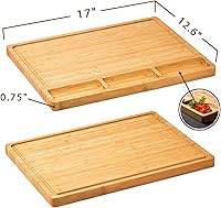 Vista 6 de Tabla de cortar grande de madera de bambú para cocina, tabla de embutidos de queso con 3 compartimentos integrados y ranuras para jugo, bloque