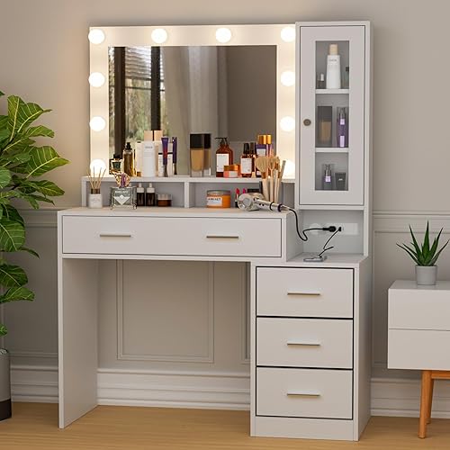 Likein Makeup Vanity Desk with Lights, Vanity Table with Charging Station, Vanity Mirror with Lights Desk, Nightstand, Glass Door Cabinet and 4 Drawers, White