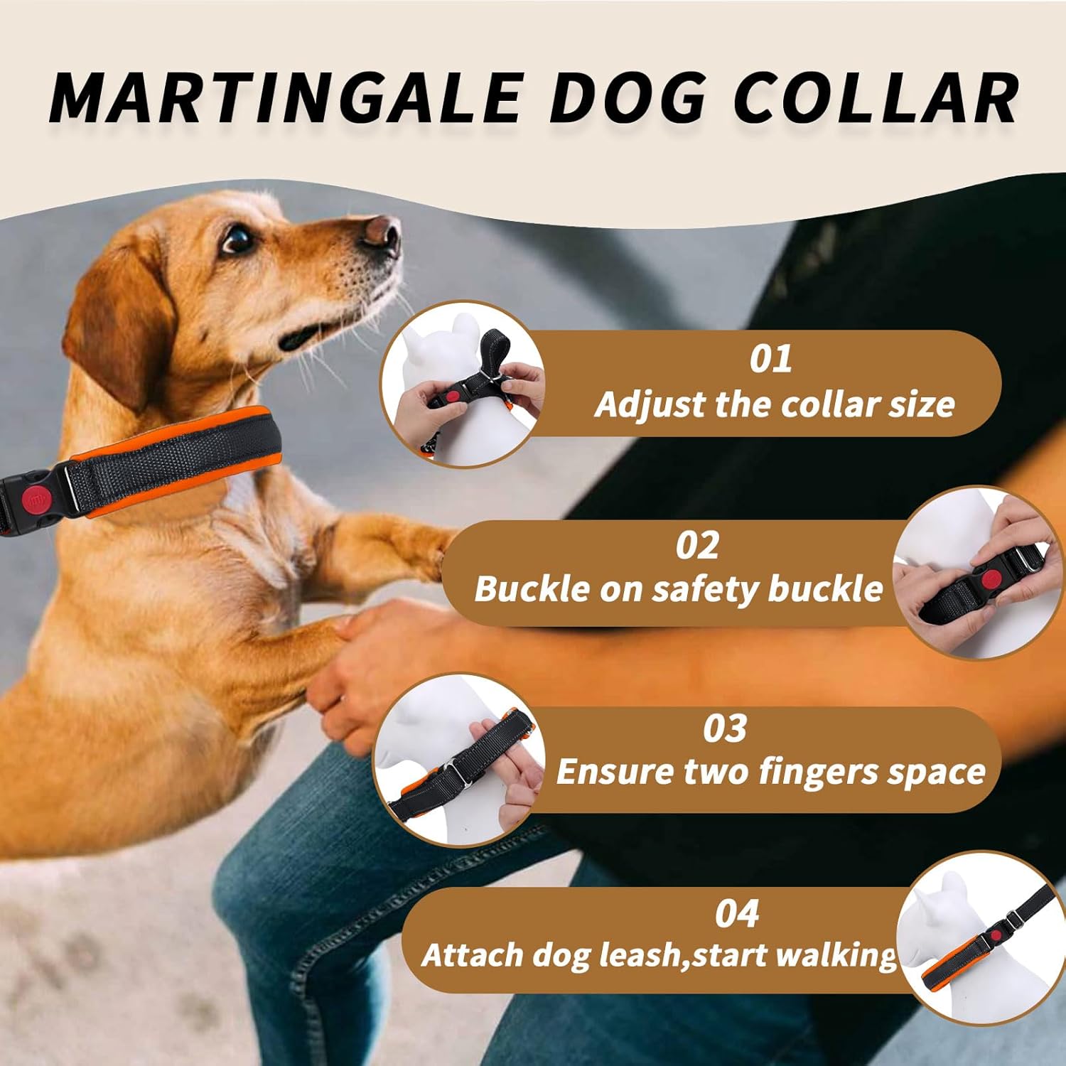 Martingale No Pull Dog Collar for Large Medium Small Dogs, Heavy Duty Nylon Reflective Adjustable Anti Pull Slip Collar with Buckle for Training Walking S Black Orange