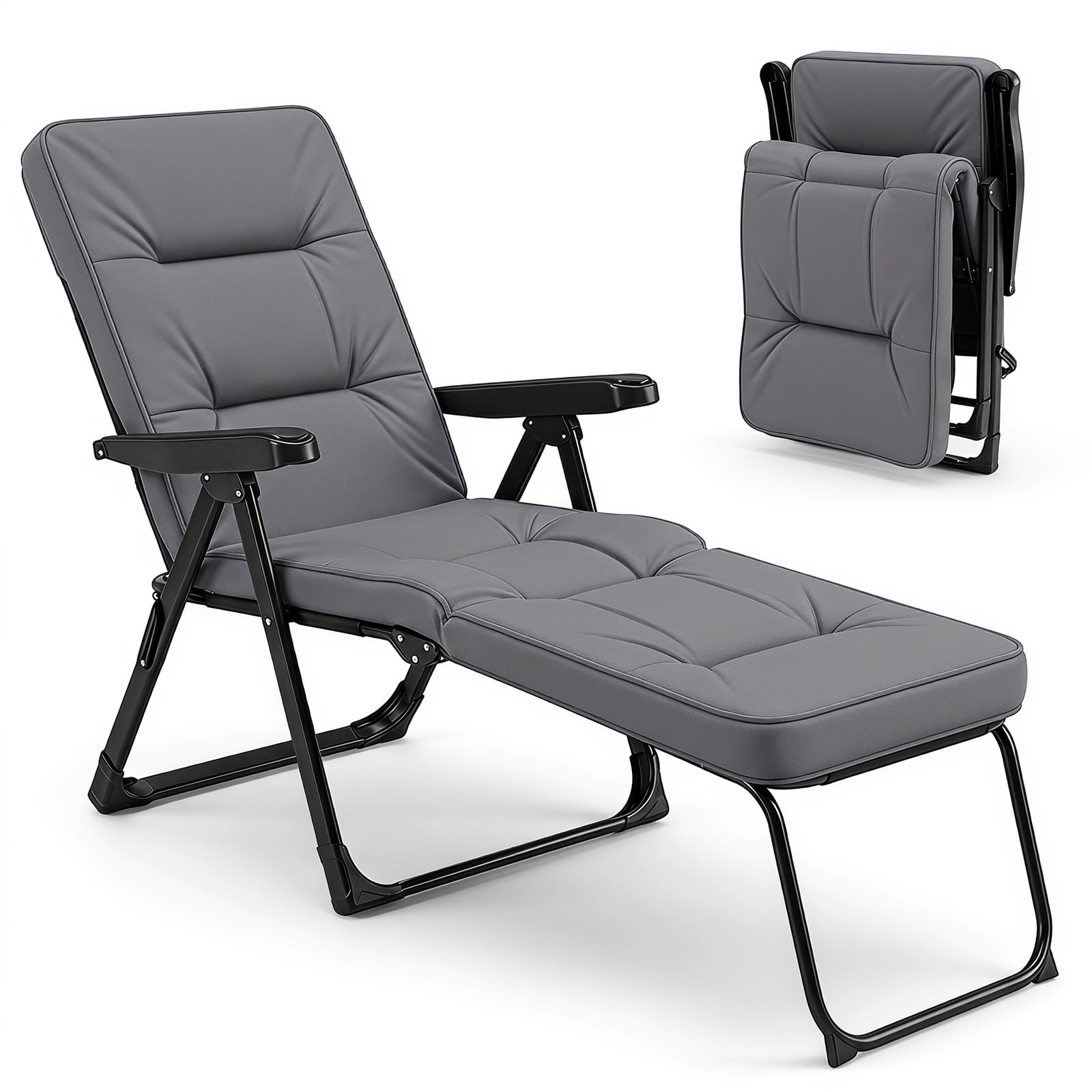 COSTWAY Sedia a Sdraio Pieghevole, Lettino Prendisole da Esterno con Schienale e Poggiapiedi Regolabili, Poltrona Relax in Metallo con Cuscino Morbido per Giardino e Terrazzo, Portata 150 kg (Grigio)