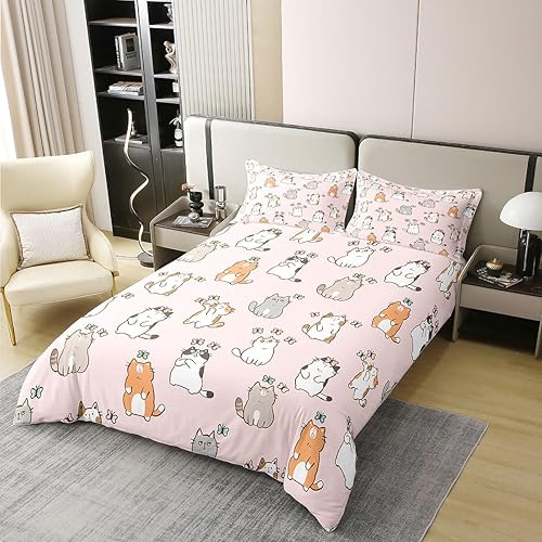 Miniatura 3 de Erosebridal Funda de edredón de dibujos animados de gatos 100% algodón, juego de ropa de cama Kawaii con diseño de gato y mariposa para niñas, niños