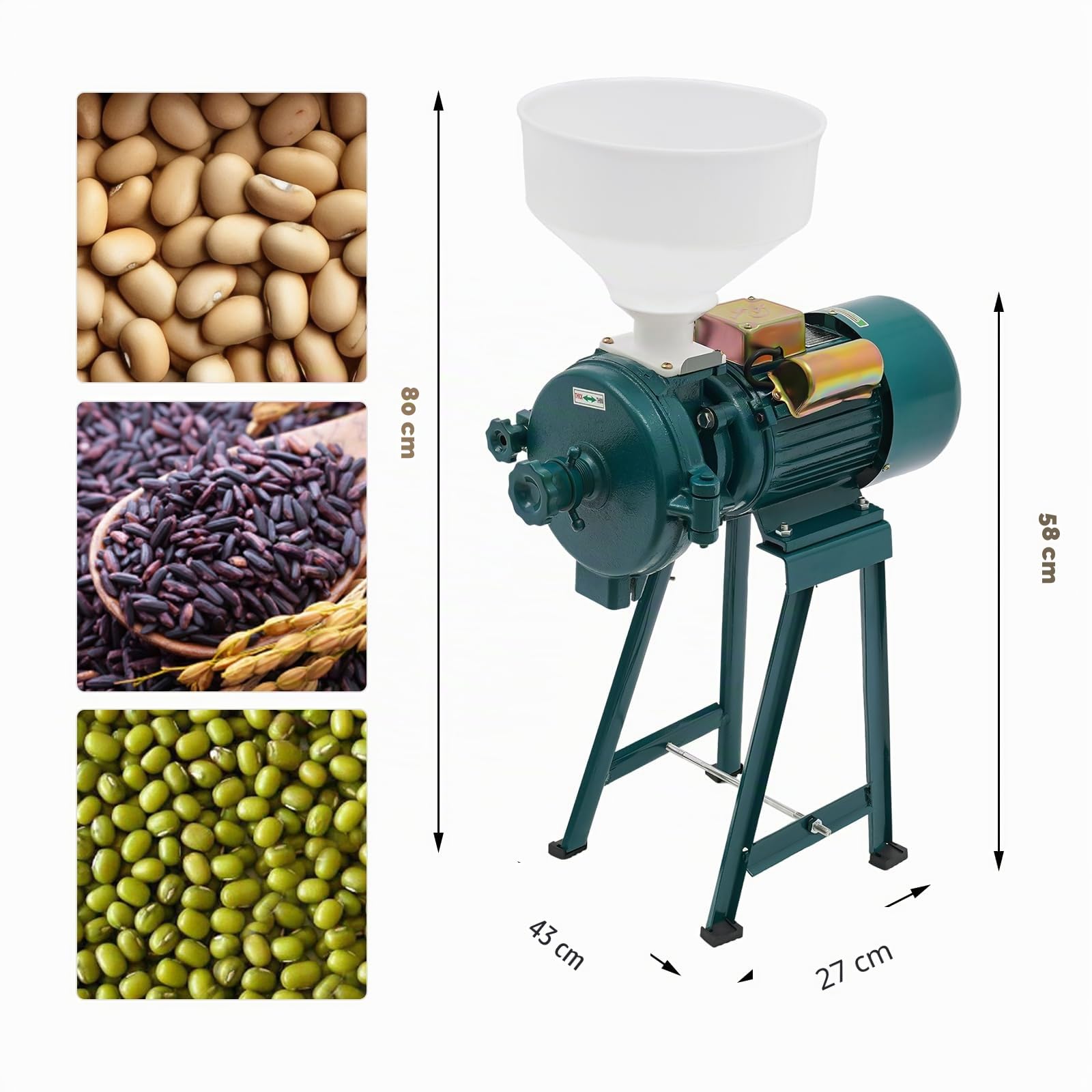 Moulin électrique pour céréales avec moteur puissant de 2200 watts, 50-75 kg/h finesse minimale des particules 0,3 mm, concasseur à céréales avec entonnoir moulin (vert herbe)