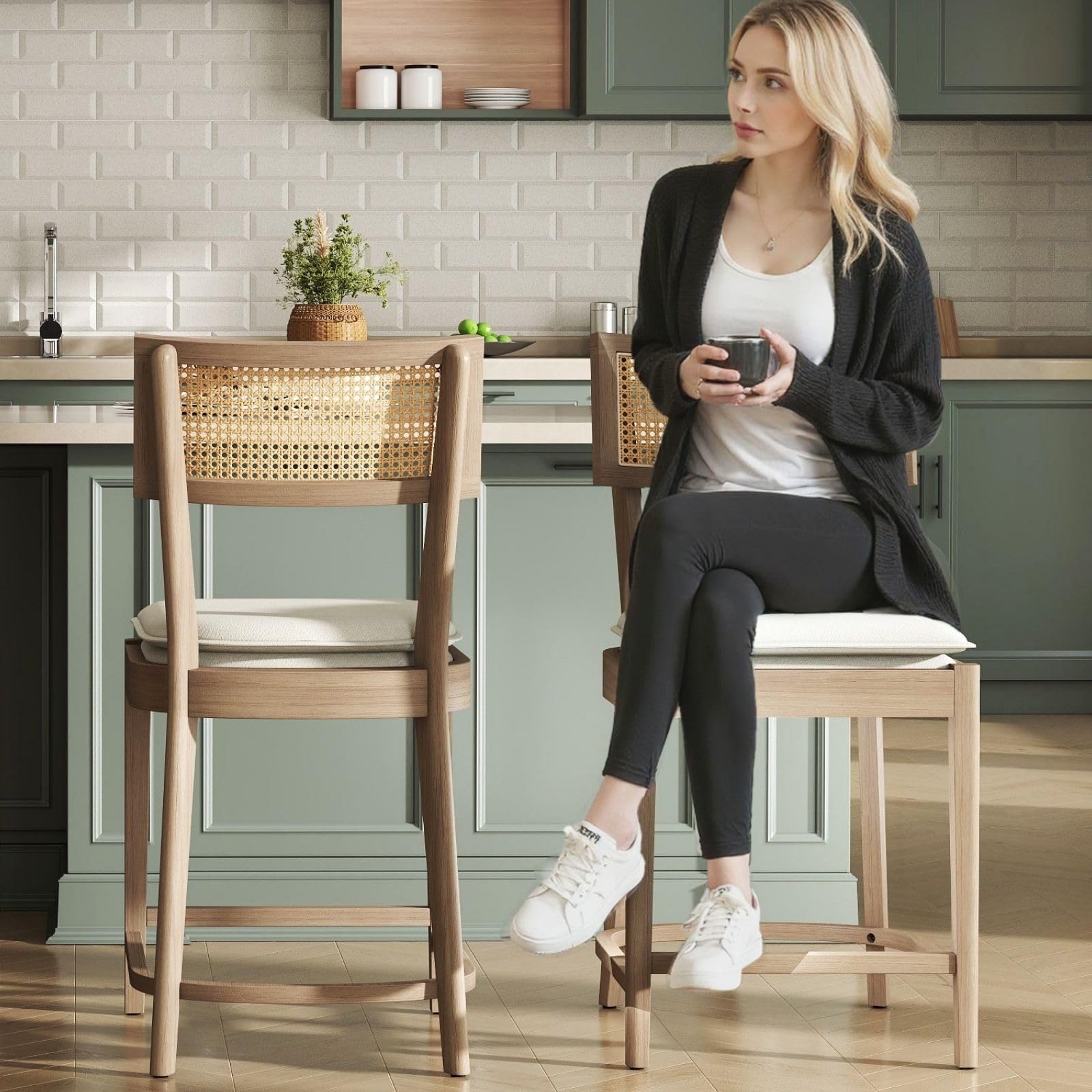 Hyfirm Set of 2 French Wooden Counter Height Bar Stools, 26" Rattan with Barstools Cane Back, Mid Century Modern Wicker Breakfast Chairs for Kitchen/