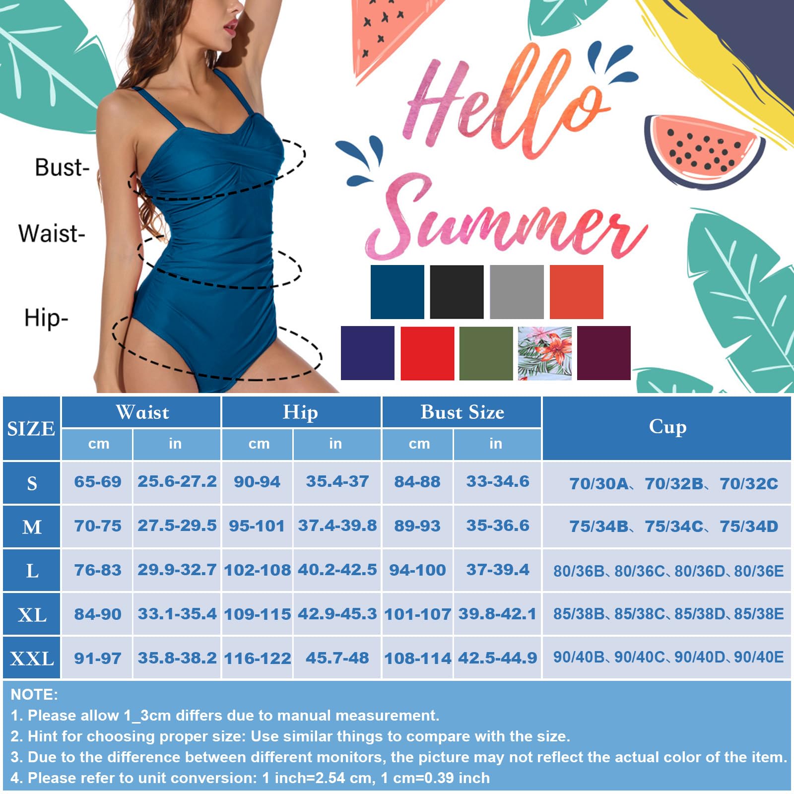 Yuson Girl Damski kostium kąpielowy, wyszczuplający brzuch, jednoczęściowy, push up, monokini, seksowny strój kąpielowy dla kobiet, z regulowanymi ramiączkami
