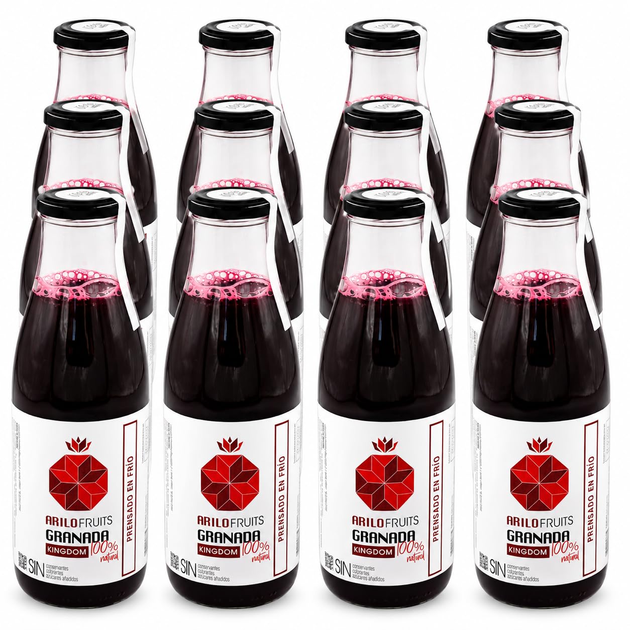 Arilo Fruits® Zumo de Granada 100% Natural Variedad Kingdom | Prensado en Frío | Pack Zumo Granada Natural 12x750 ml sin Azúcar Añadido y rico en Antioxidantes | Zumo Premium | Vegano