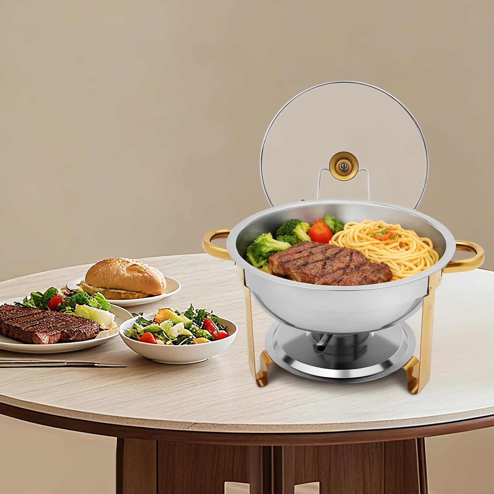 Chafing Dish zestaw bufetowy ze stali nierdzewnej, 5 l, okrągły pojemnik