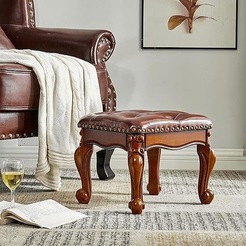 Miniatura 9 de Taburete otomano con cojín de cuero de microfibra para pasillo, vestíbulo, sala de estar, dormitorio, montaje simple (marrón oscuro)