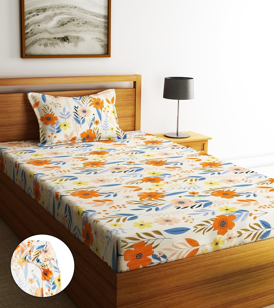 Home Sizzler 210TC Garden Grace Elastic Fitted Single Bedsheet (72X36 Inch) with 1 Pillow Cover-picture-31