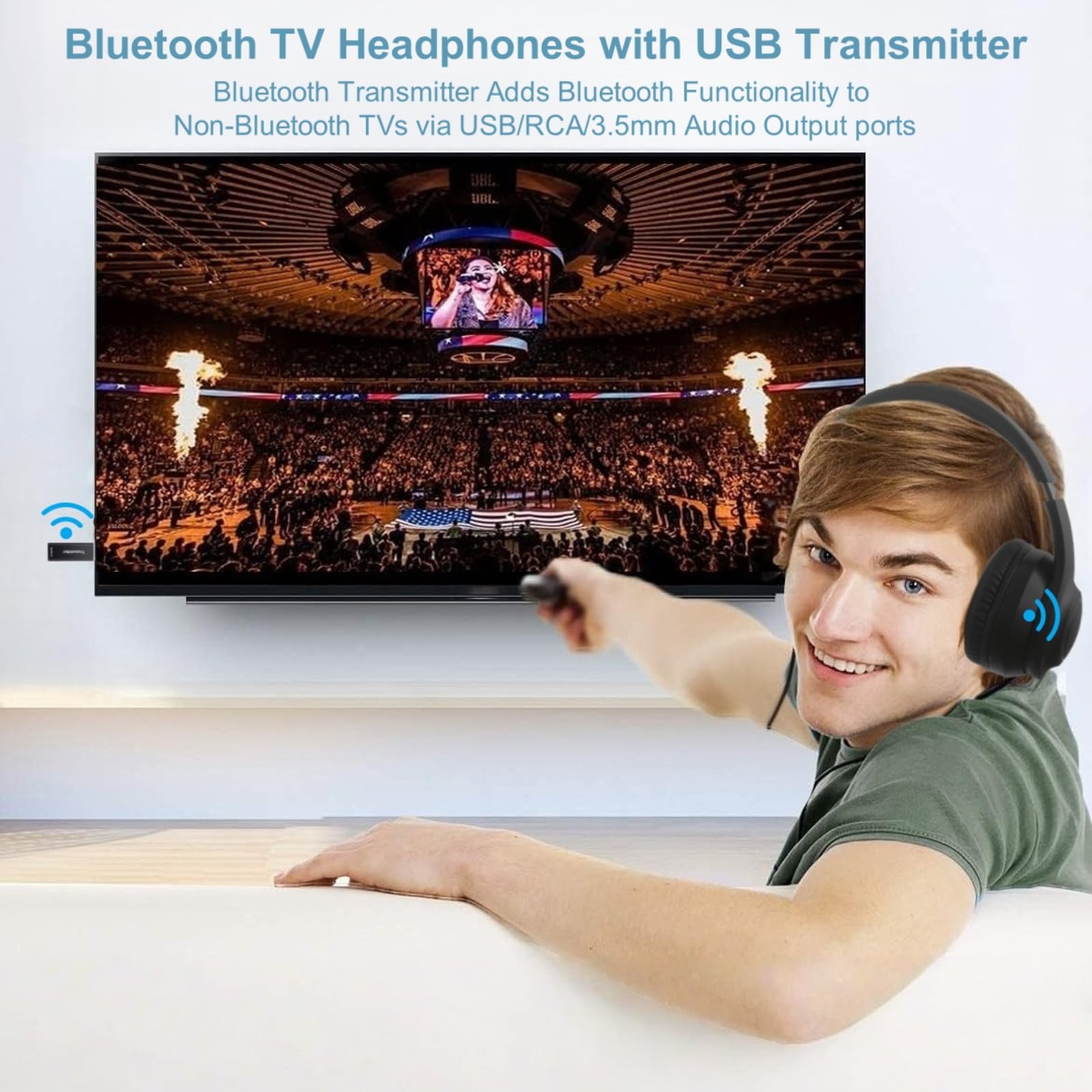Kabellos TV-Kopfhörer für Senioren mit ANC, Bluetooth 5.3 & 3-in-1-Sender (USB/RCA/AUX) für Nicht-Bluetooth-Fernseher, 35 Stunden Spielzeit, 220g Leicht & Faltbar, Geschenke für ältere Eltern