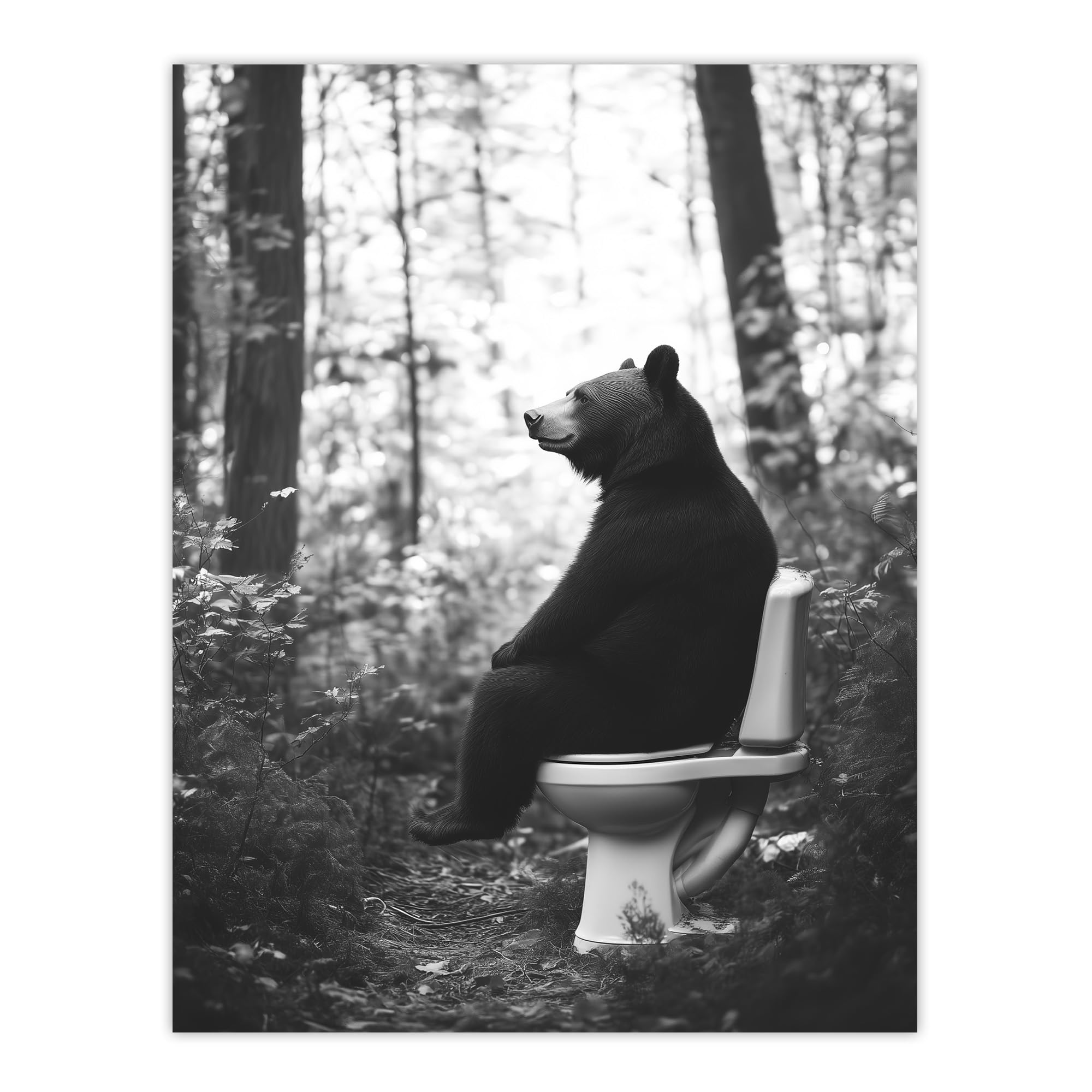 Grizzly Bear Toilet Black White Forest Landscape Wall Art Print - Artery8 - W24 inch x H32 inch