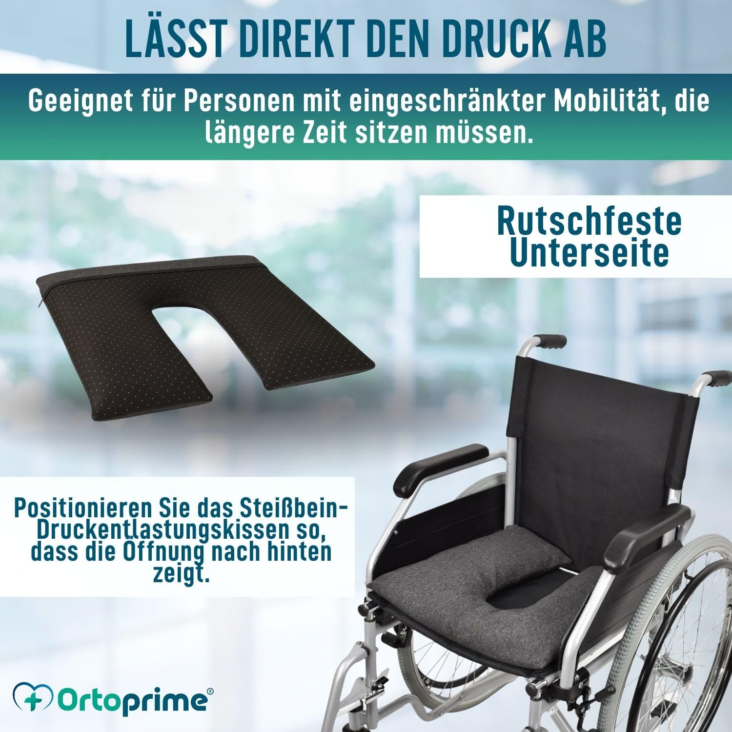 OrtoPrime Dekubitus Sitzkissen mit Flüssigflotation – Antidekubitus Sitzpolster für Rollstuhl – Druckentlastungskissen für Gesäß und Steißbein – Quadratisches Rollstuhl-Sitzkissen