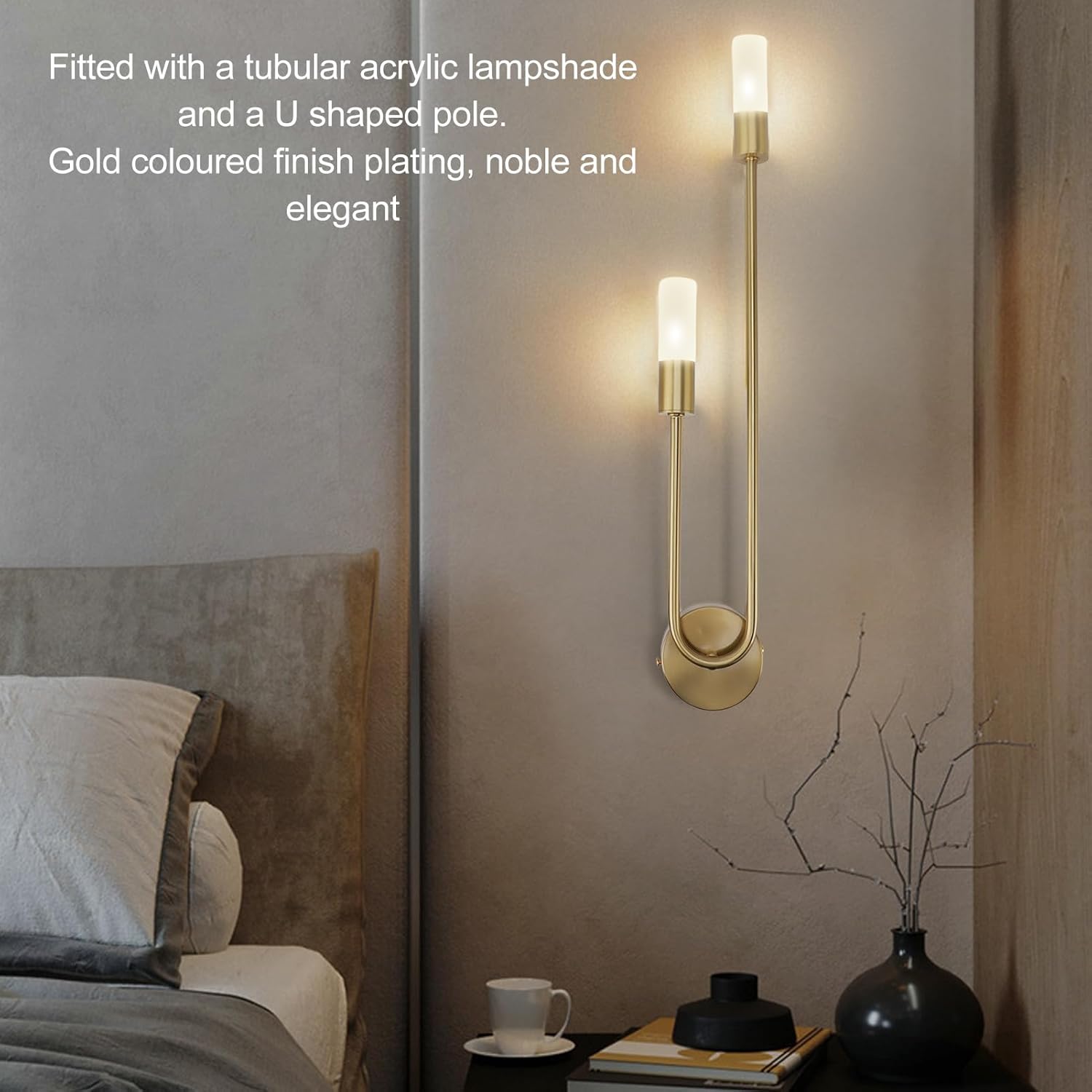 Close-up of the Asixxsix LED Wall Sconce, highlighting the tubular acrylic lampshade and gold-colored U-shaped pole, emphasizing its elegant finish.