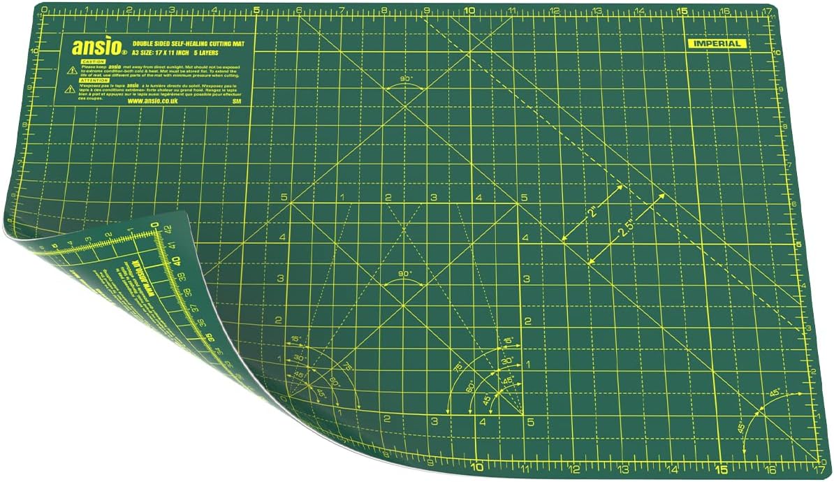 ANSIO Craft Cutting Mat Self Healing A3 Double Sided 5 Layers - Quilting, Sewing, Scrapbooking, Fabric & Papercraft - Imperial/Metric 17 Inch x 11 Inch / 42cm x 27cm - Green/Green