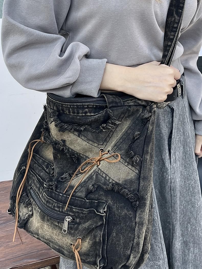 Trashy Denim Messenger Bag Women Ripped Denim Streetwear Vintage Tote Bag Retro Cowboy Crossbody Bag 2000s Bag Y2K Stuff