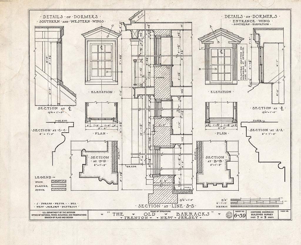 Historic Pictoric : Blueprint HABS NJ,11-Tret,4- (Sheet 7 of 9) - Old Barracks, South Willow Street, Trenton, Mercer County, NJ 24in x 18in