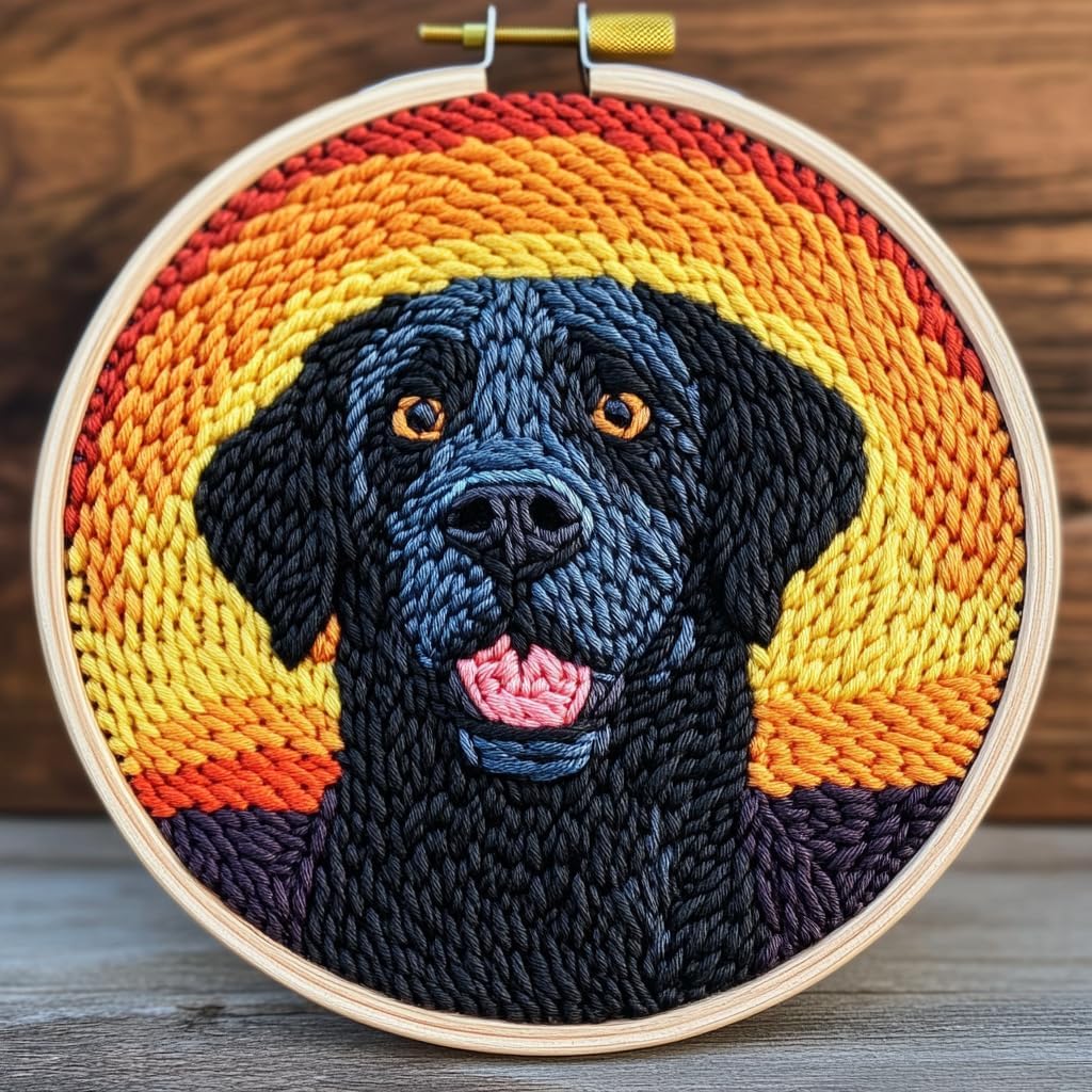 DIY Punch Needle Kits Cute Black Labrador Retriever Dog with Hoop 20x20cm-1 | with Pattern Stamped Easy for Beginners Embroidery Punch Needle Starter Craft Set for Adults Festival Gift and Decoration