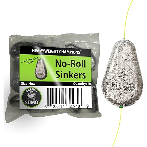 Catfish Sumo Flat No-Roll Lead Sinker Weights with Line-Protecting Inserts to Guard Against Damage in River