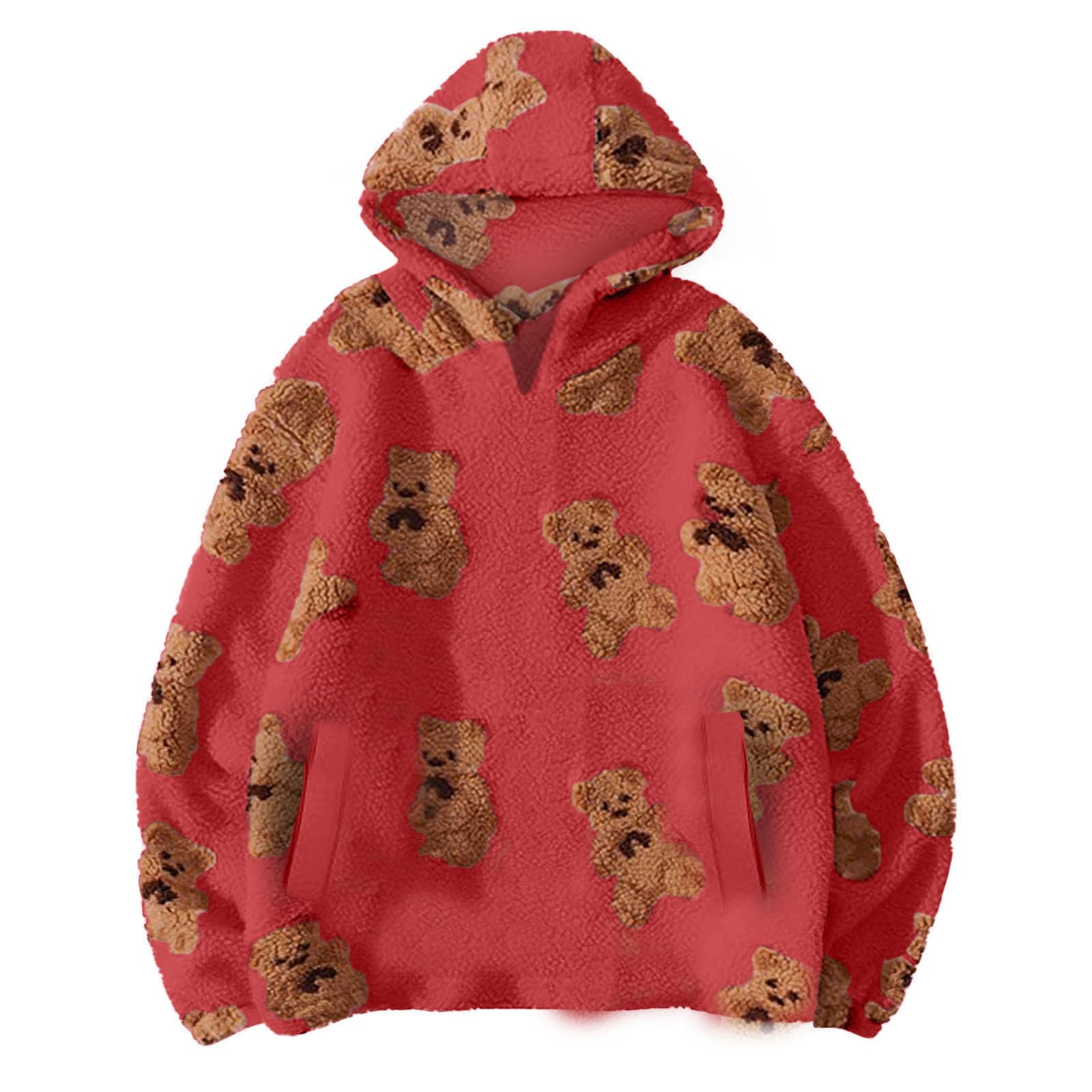Felpa da donna con cappuccio sfocata con stampa di orsacchiotto, a maniche lunghe, con tasca, maglione caldo da donna, comodo, streetwear top per uso quotidiano, casa, lavoro o abbigliamento casual