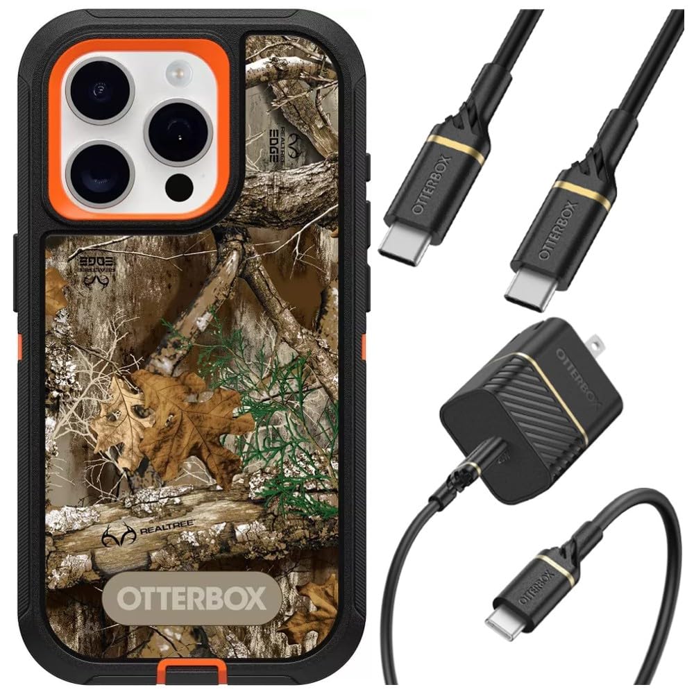 OtterBoxiPhone 15 Pro (Only) Bundle: - Defender Series Case - Realtree Blaze Edge (Camo) - Case Only - Microbial Defense Protection - USB-C to USB-C Wall Charging Kit, 20W.