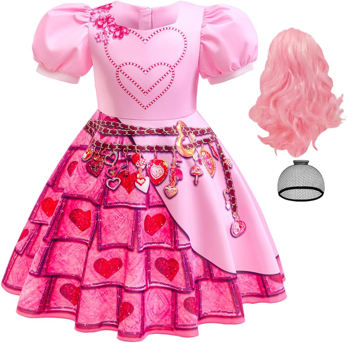 (( Size 5-6 Years))Kids Rise Red Costume Girls Bridget Pink Princess Dress Younger Queen of Heart Cosplay Outfit for Halloween Party