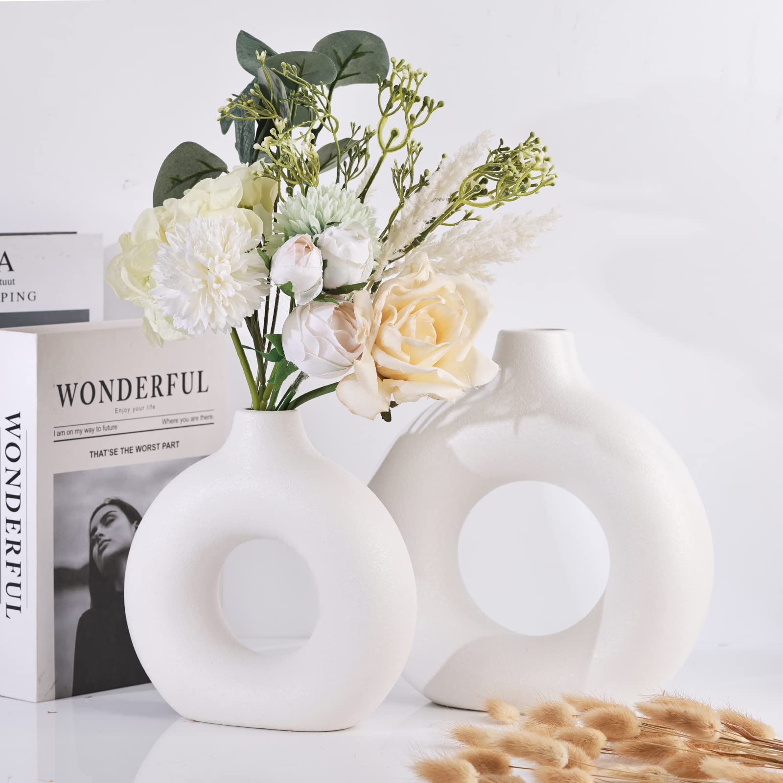 Keramik Vase - Set of 2 Weiße Blumenvasen aus Keramik für Wohnungsdeko Trockenblumen Deko Vasen für Pampasgras,Weiße Groß Vase für Pampasgras,Vase Kleine Mittelgroße,Keramik Zimmer Deko für Geschenk