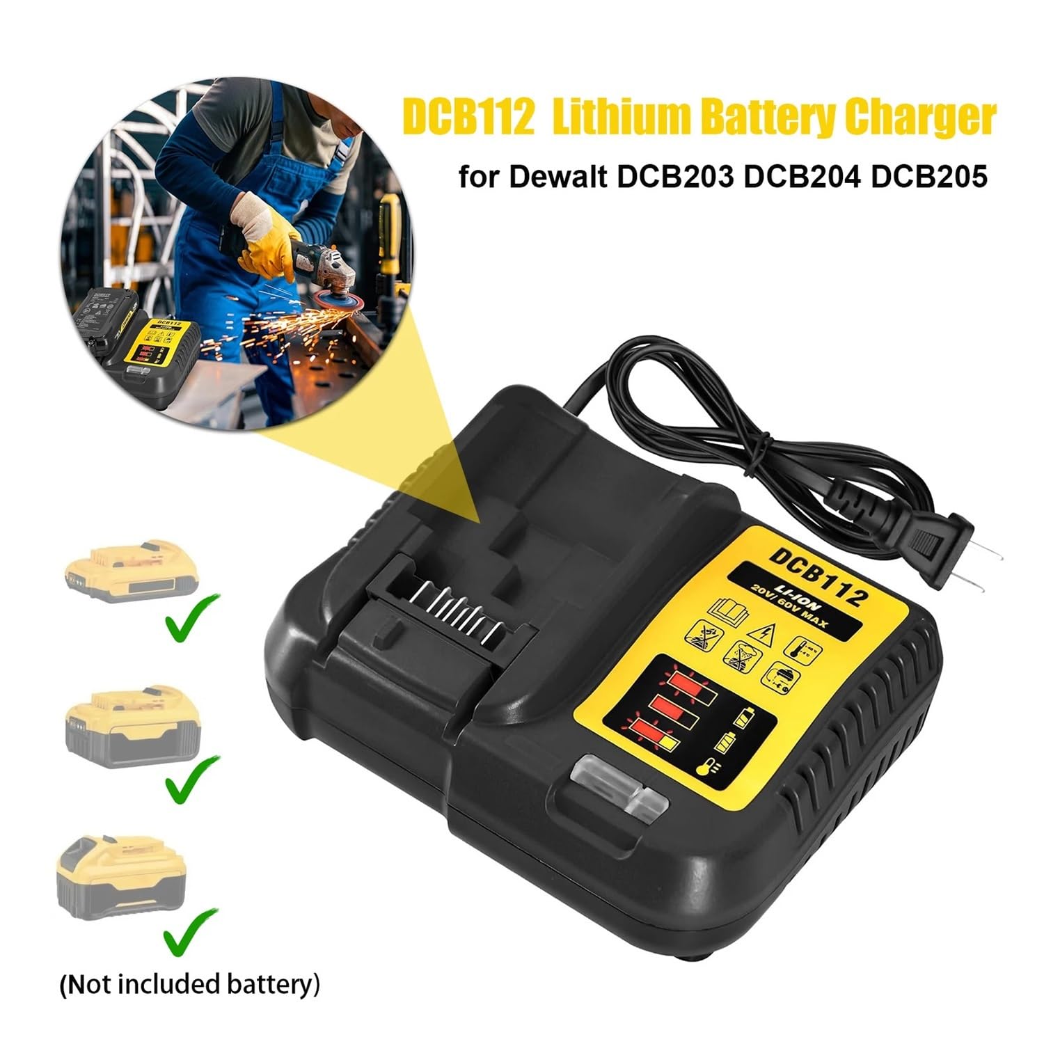 Caricabatterie al litio DCB112 2A compatibile for Dewalt 10,8 V 12 V 14,4 V 18 V 20 V DCB206 DCB205 DCB204 DCB203 DCB120, DCB107 DCB115 DCB105(AU)
