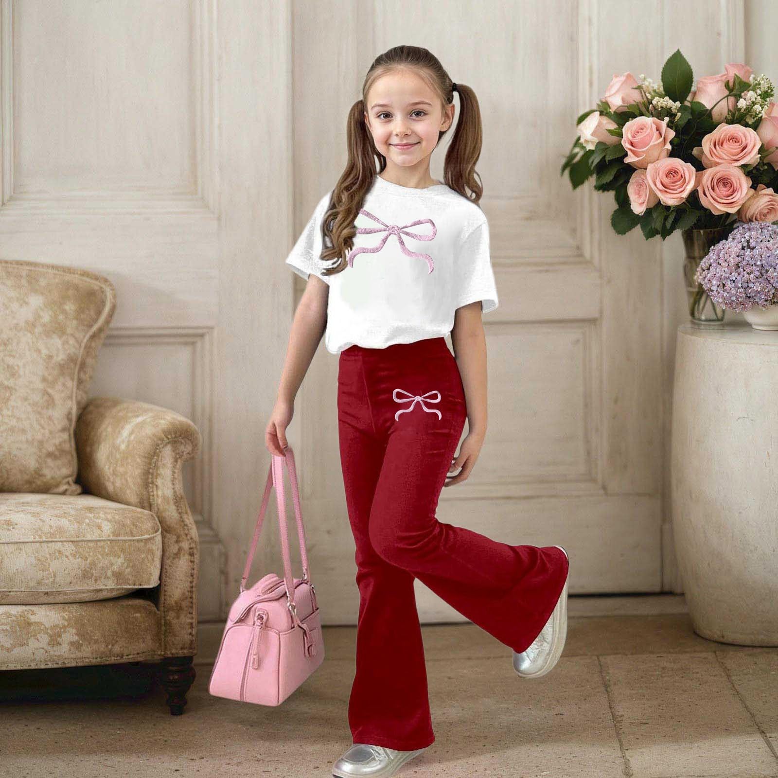 Ensemble Fille, Deux Pièces Décontracté Et Élégant Pour Filles, Avec Imprimé Nœud Et Pantalon Évasé. Confortable Pour Le Quotidien., Séchage Rapide
