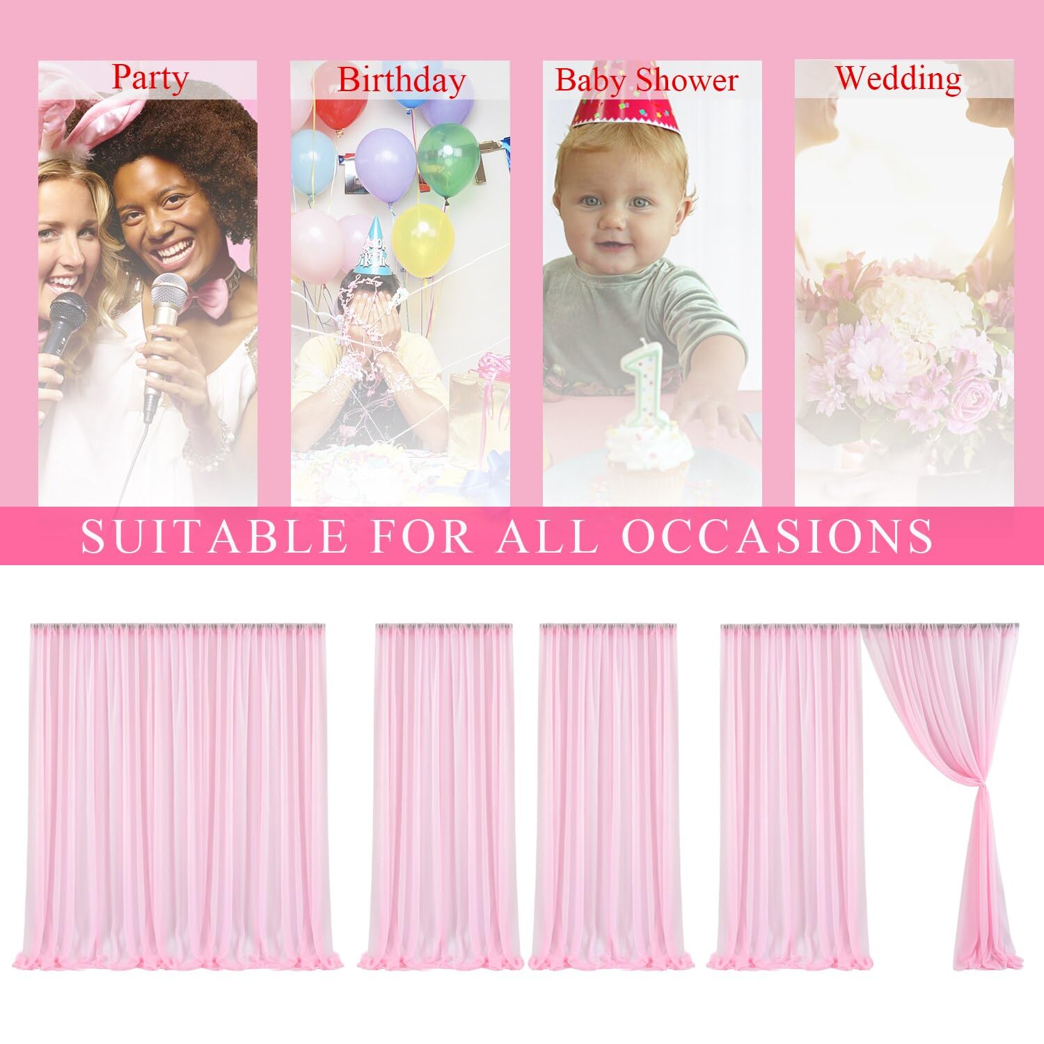 Lot de 2 rideaux de fond en tulle pour photo de mariage, décoration d'arche de mariage, rideau à main levée pour fête, anniversaire, baptême