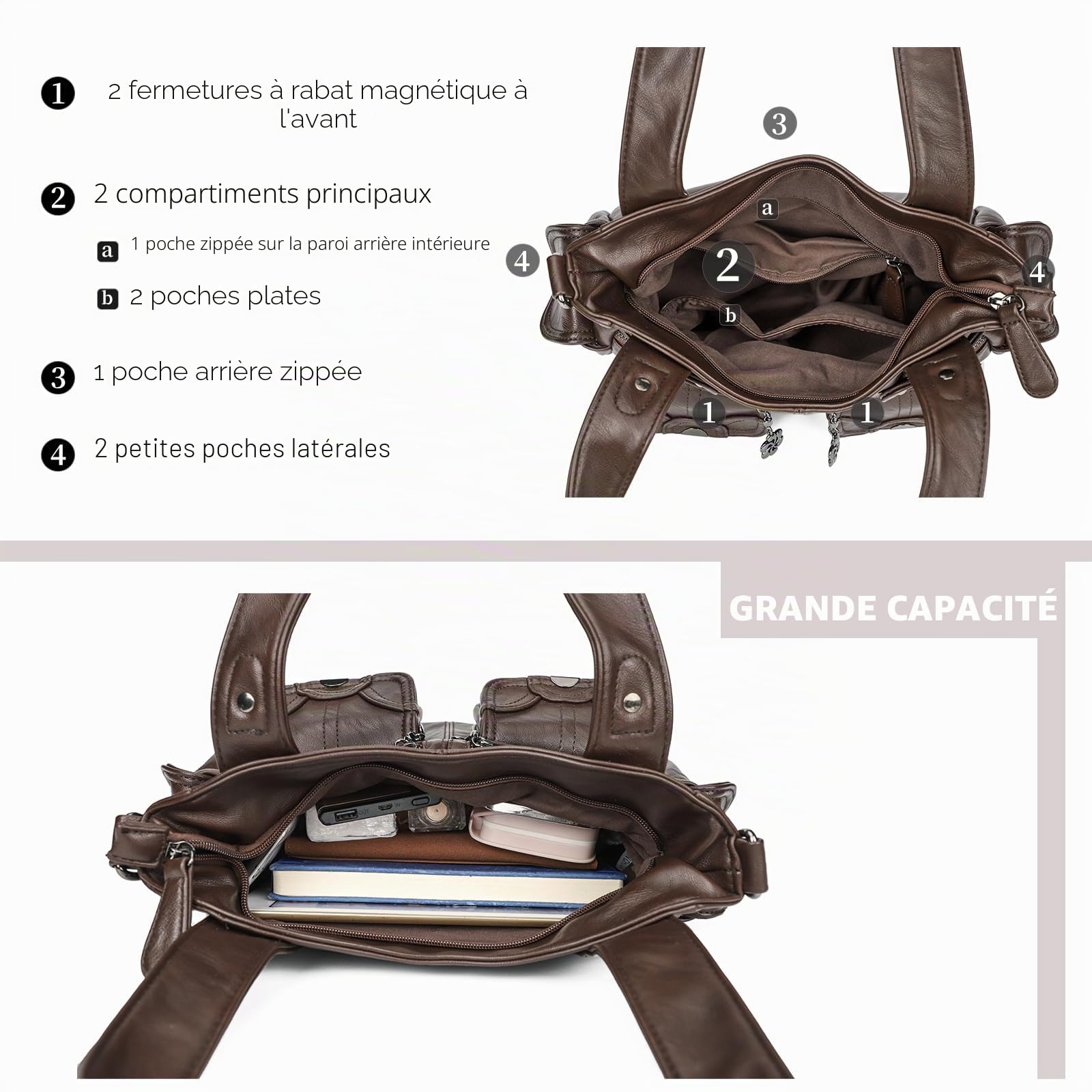KL928 Sacs à Main Portés épaule Femme, Grand PU Cuir Sac Bandoulière Hobo Sacs Cabas Pour Madame Fille, Café