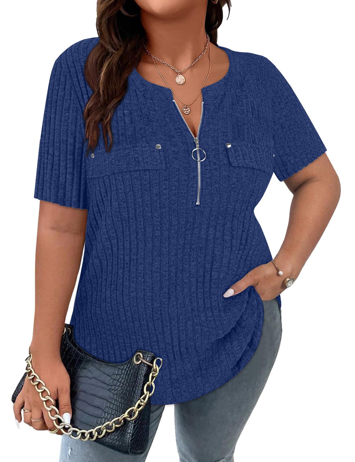 Viracy Plus Size Womens Tops 1/4 Zip Up Casual Shirts Lightweight Short Sleeve Tunics
