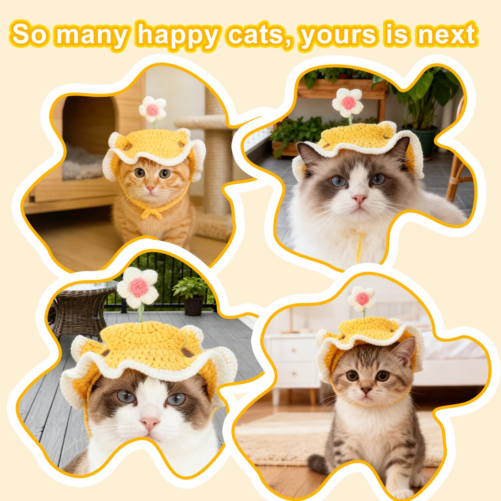 Chapeau d'anniversaire pour Chat avec Trous Oreilles, Ajustable Chapeau Chat Tricoté avec Mignon Design Fleur Dressée pour Fête d'anniversaire Vacances Séances Photo (Jaune)