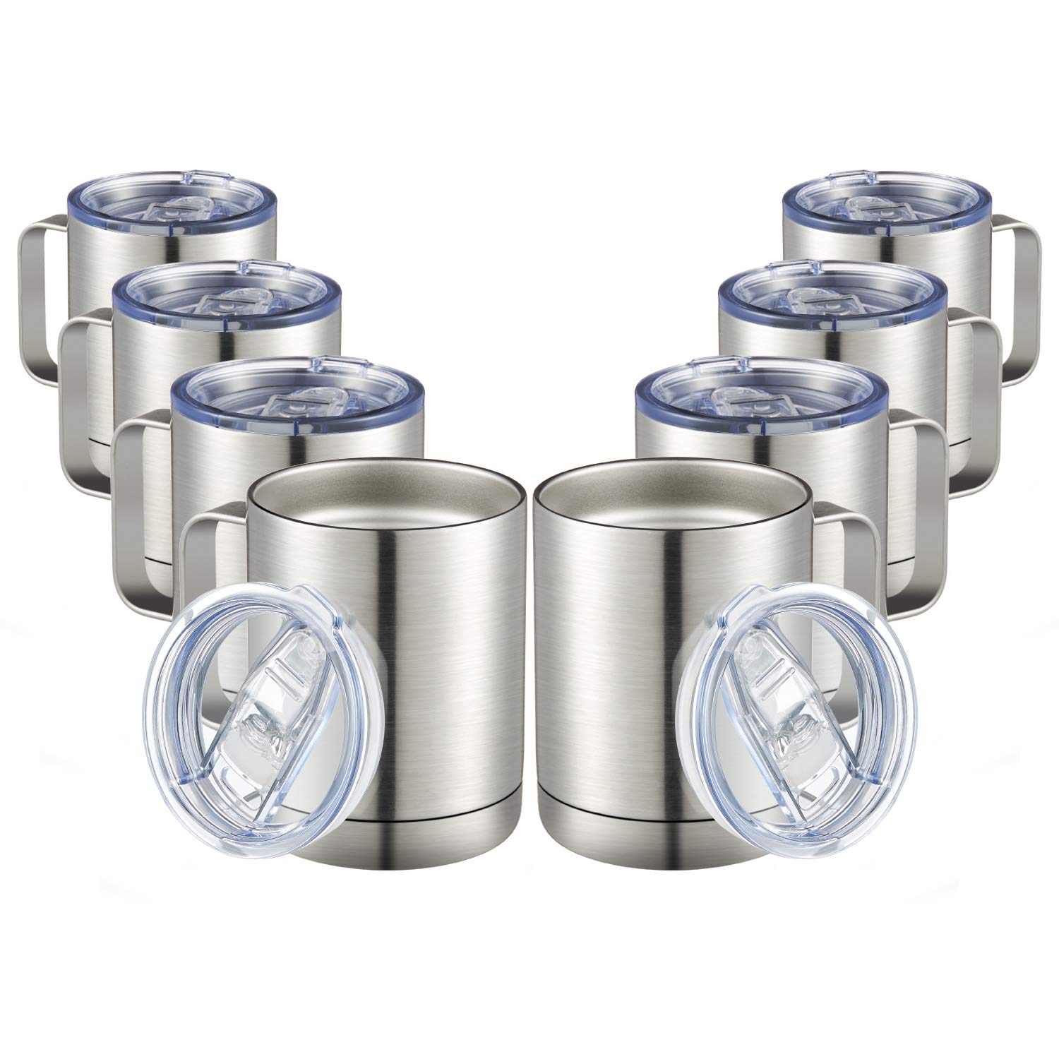 MEWAY12oz Coffee Mug With Handle 8 Pack Bulk,Stainless Steel Insulated Travel Tumblers With Sliding Lid,Double Wall Vacuum Camping Cup for Hot & Cold Drinks Tea (Sliver,Set of 8)