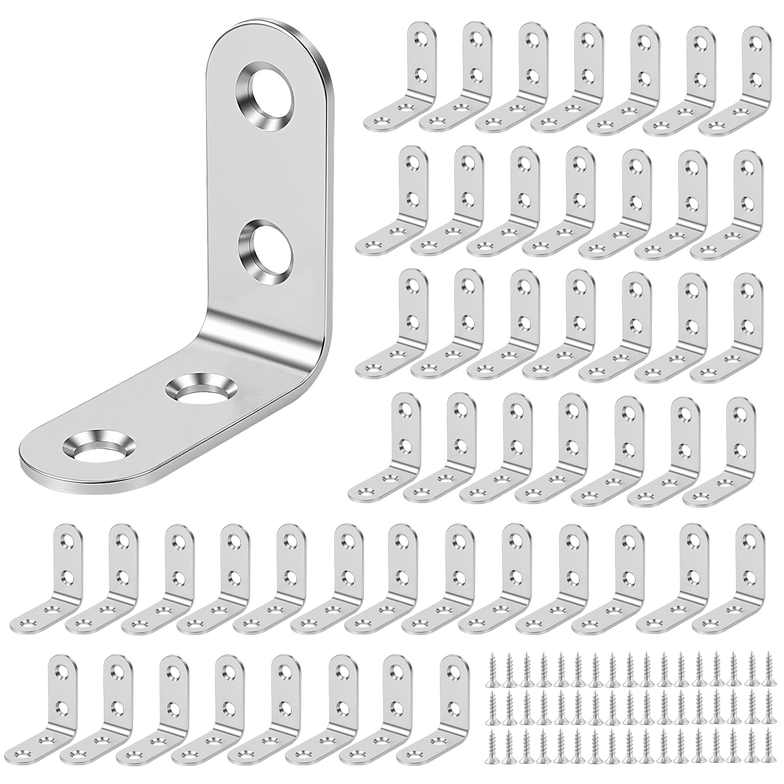 DAKFOOK 50PCS 40 x 40mm Stainless Steel L Brackets with 200 Screws, 90 Degree Right Angle Corner Brackets for Wood Furniture Fixation