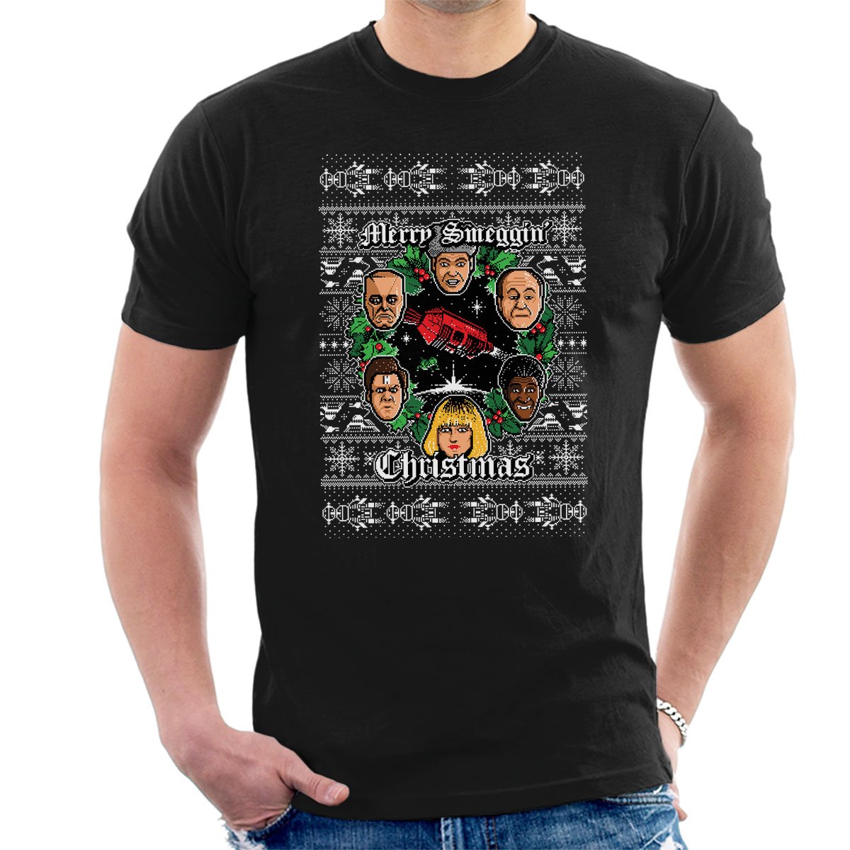 Cloud City 7 Men's Black Merry Smeggin Christmas Red Dwarf T-Shirt