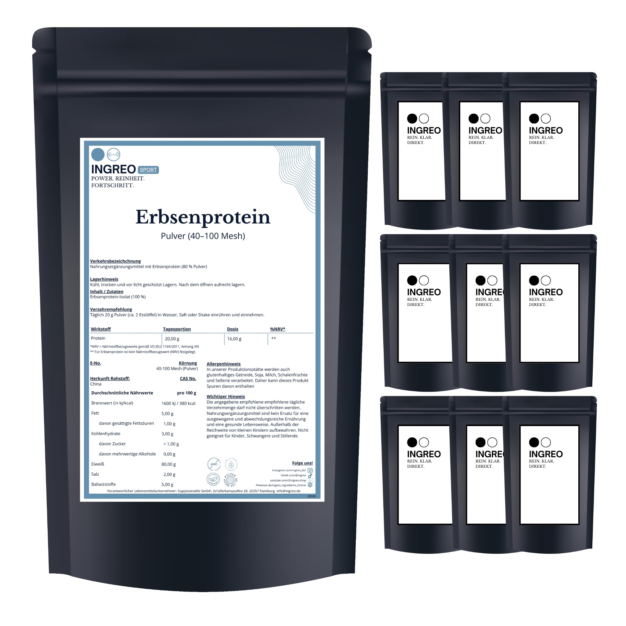 10 kg | Erbsenprotein 80 Pulver | pflanzliches Protein | 80% Eiweiß | vegan glutenfrei | 10x1 kg | Protein Rohstoff | Herstellergebinde | INGREO