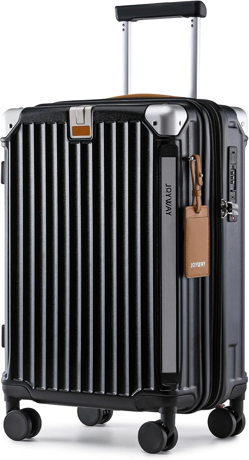 Joyway Maleta Cabina 20" ABS, Expandible 25% Ruedas 360° y Portavasos Negro | Asa telescópica 3 niveles, cremalleras YKK, TSA, compartimentos internos organizados y estructura antiarañazos