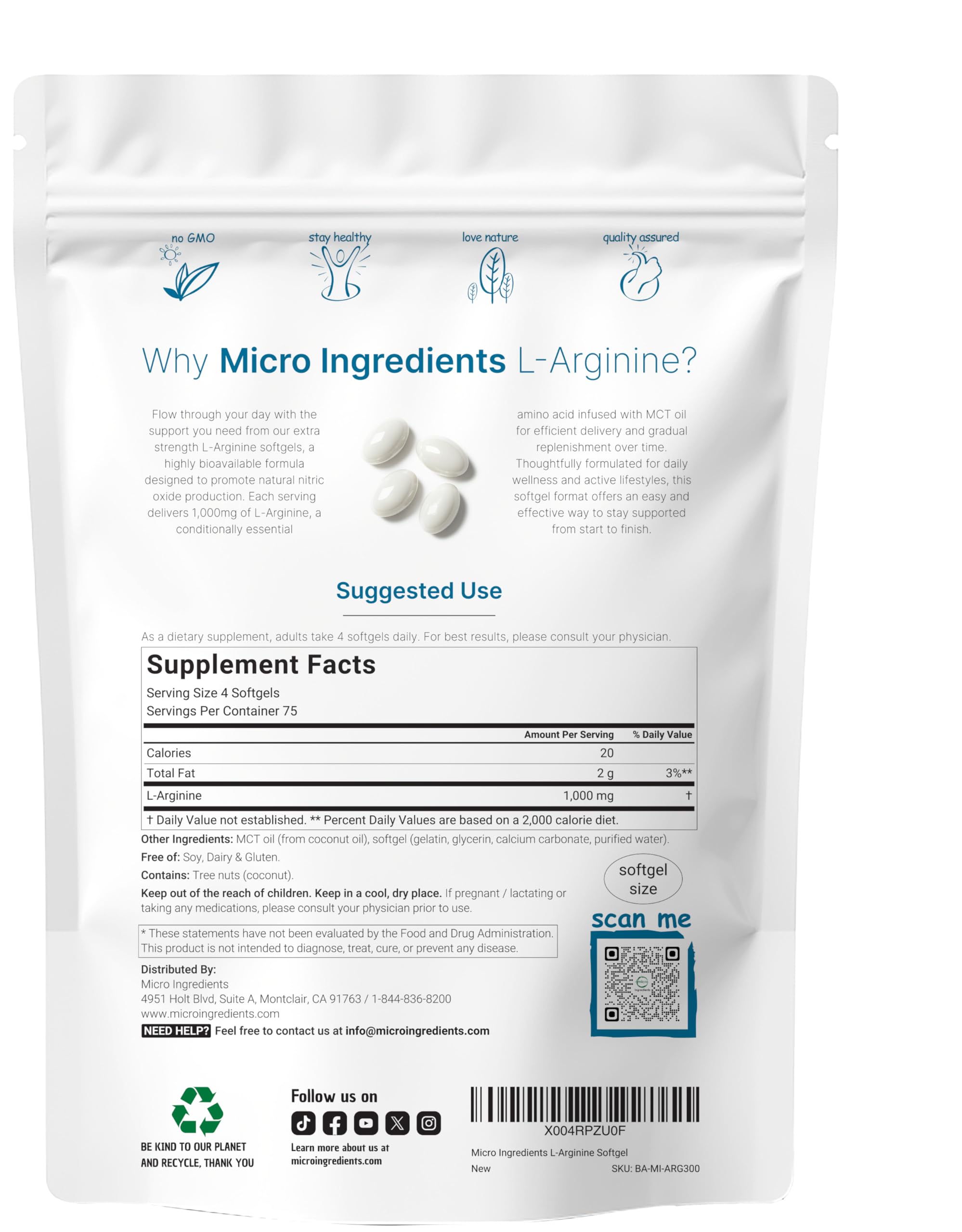 Micro Ingredients L-Arginine 1000mg with MCT Oil, 300 Softgels — Amazon image 2