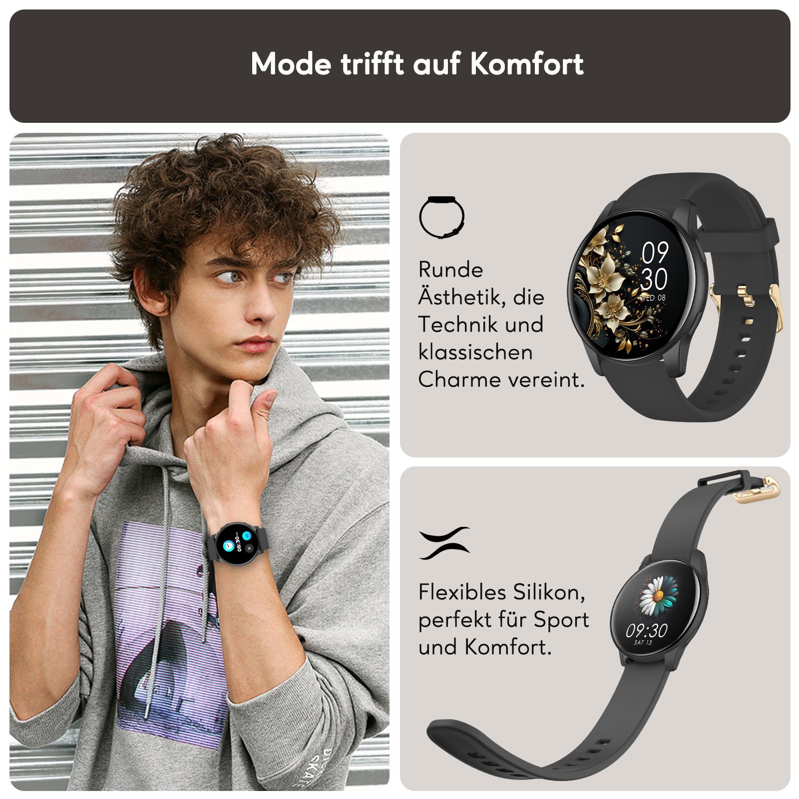 AcclaFit Smartwatch Damen Herren, 1.38 Zoll HD-Display Smart Watch mit Bluetooth Anrufe, Fitness Tracker mit Herzfrequenz SpO2 Schlafmonitor Schrittzähler, IP68 Wasserdicht Fitnessuhr für iOS Black