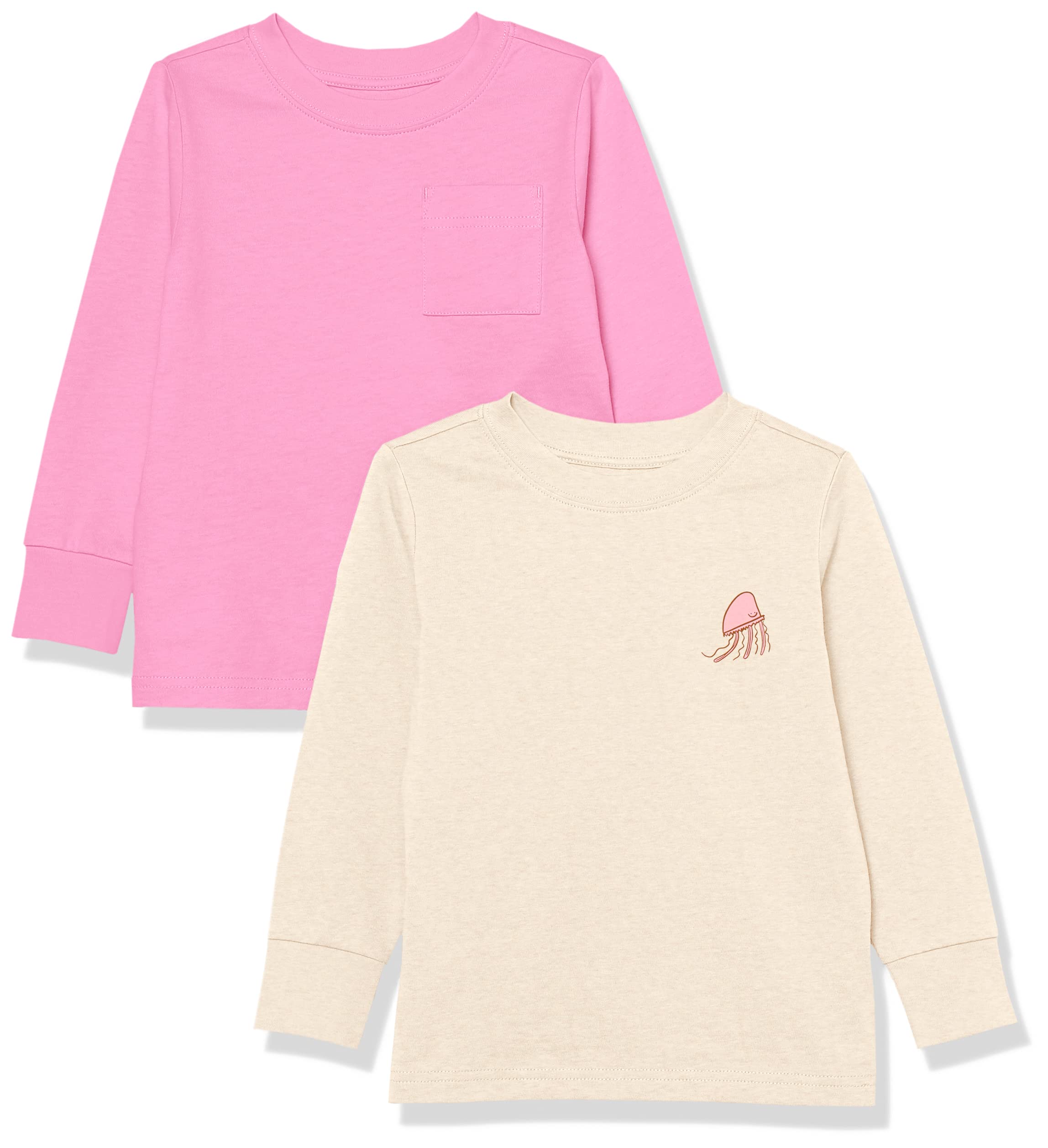Amazon Essentials Unisex Toddlers' Long-Sleeve Organic Cotton Rib Cuff T-Shirt, Pack of 2, Cream Jellyfish/Pink, 3T