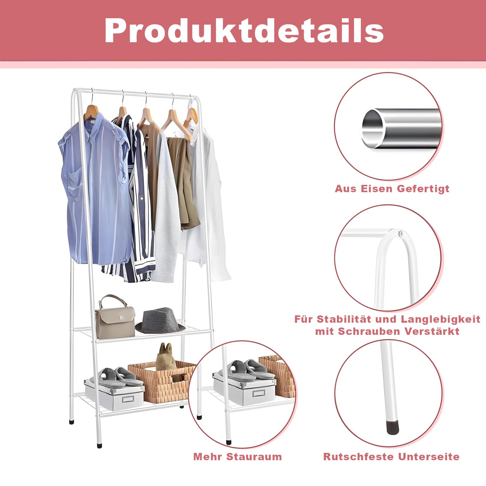 Kleiderständer Metall Garderobenständer mit Schuhablage 151 cm Hoch & 60 cm Breit Platzsparende Kleiderstange für Schlafzimmer Flur Kleiderständer Kleiderstange (Weiß)