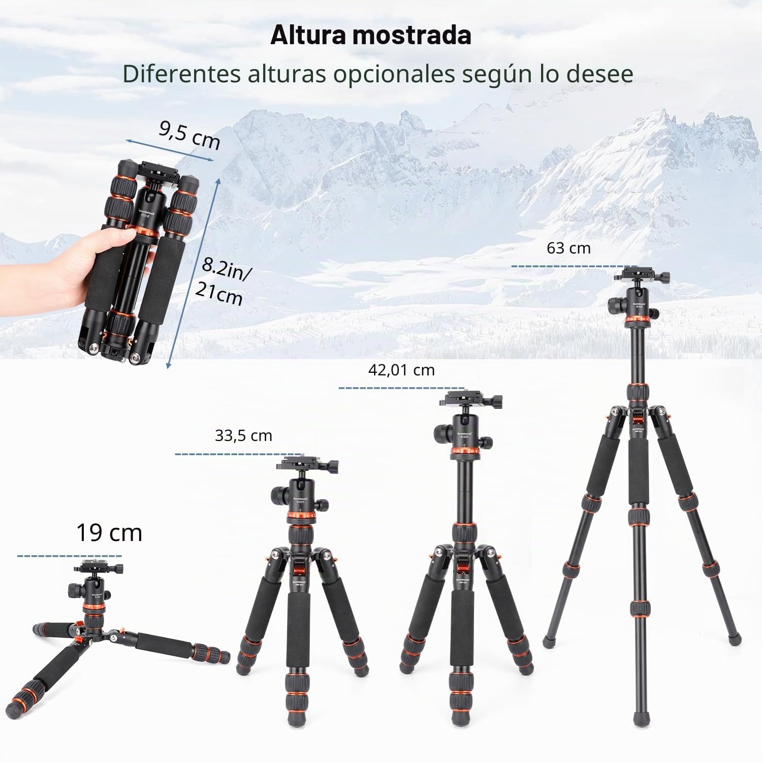 Koolehaoda Mini trípode de cámara 63,5 cm Trípode de Mesa Compacto de Aluminio Trípode de Viaje portátil con rótula de Bola de 360° para cámara DSLR Videocámara, Carga hasta 10 kg - (Naranja)