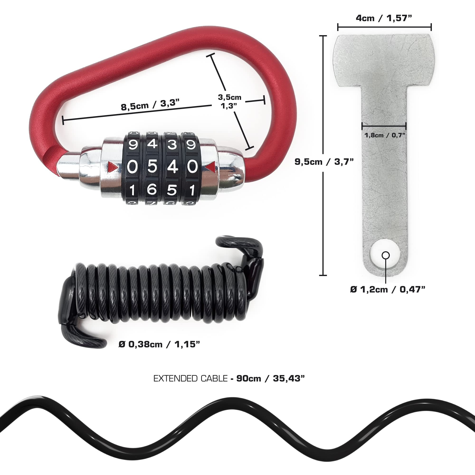 RADIKAL RK540R Cadenas Casque Moto Mousqueton Antivol, Serrure à Combinaison, Adaptateur T Boucle, Câble Sécurité Anti Vol a Code, Universel Vélo Électrique, Bagages, Attache Sac à Dos, Multifonction
