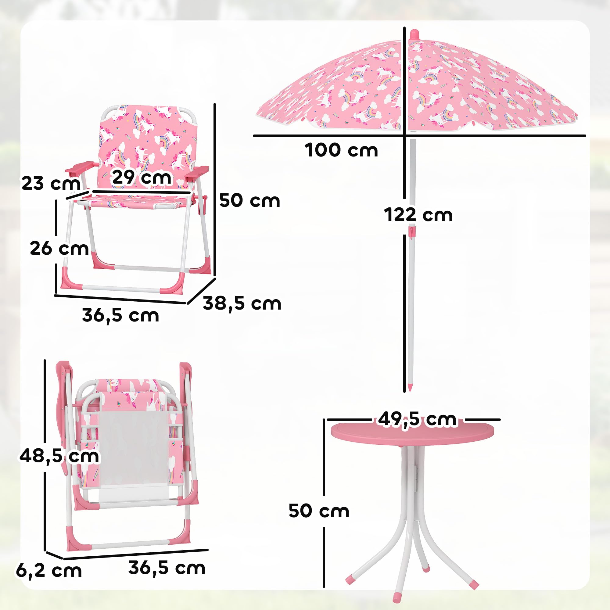 AIYAPLAY Conjunto de Mesa y Sillas Infantil de Jardín de 4 Piezas, Mesa Infantil con Sillas Plegables, Sombrilla Desmontable, Diseño de Unicornios y Arcoíris, para Patio, Pícnic, Rosa — view 7