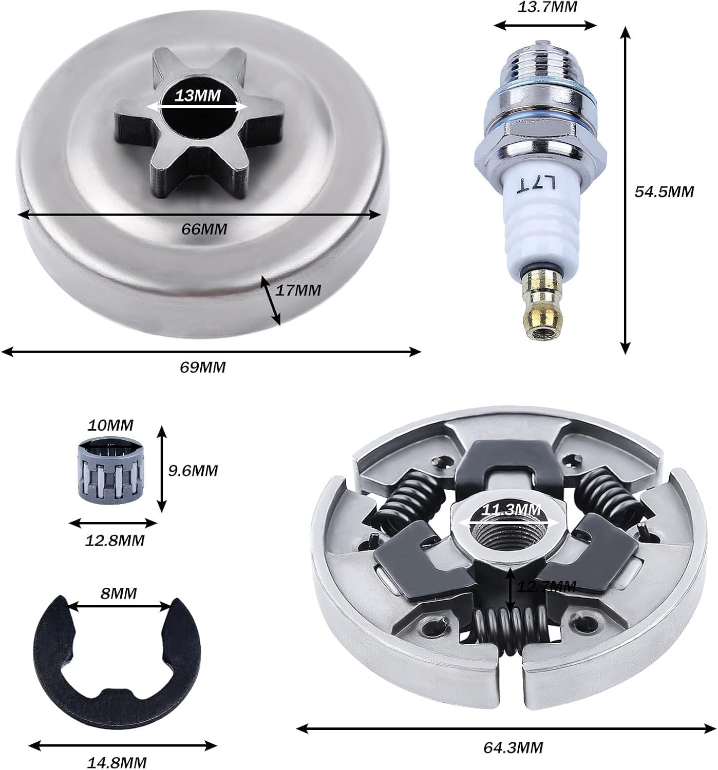 Kit de 7 Piezas for Motosierra, piñón, Embrague, Tambor 3/8", Repuesto con cojinete Agujas, arandela, Clip en E, Engranaje helicoidal