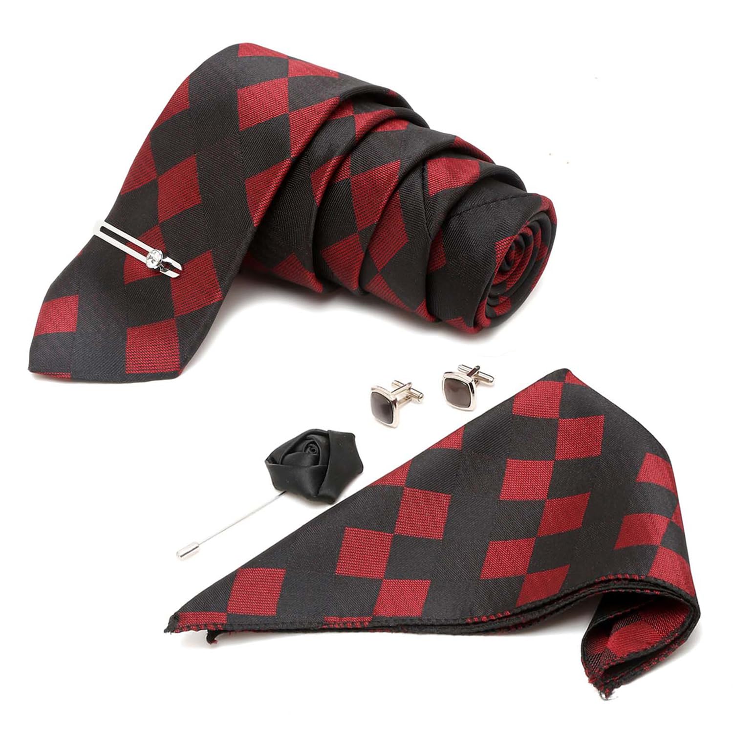 louis stitch Mens Black and Red Italian Silk Necktie Set Incl Pocket Square Cufflinks Chrome Tiepin Brooch American Style Formal Tie Gift Set for Men (BL012CP)-picture-14