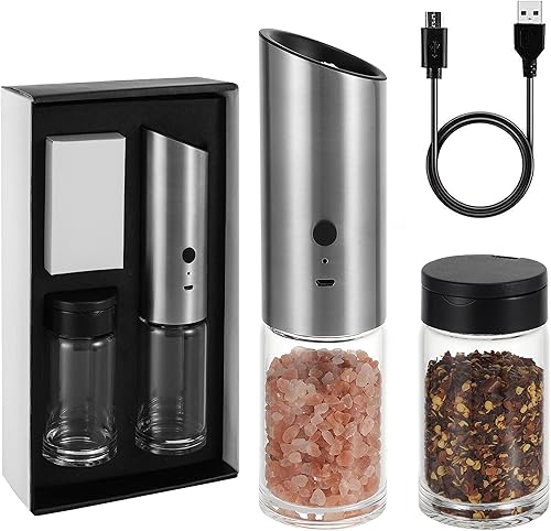 Vzaahu Juego de molinillo eléctrico de sal y pimienta con tarro extra, molino de sal con pimentero batería recargable incorporada, acero inoxidable,