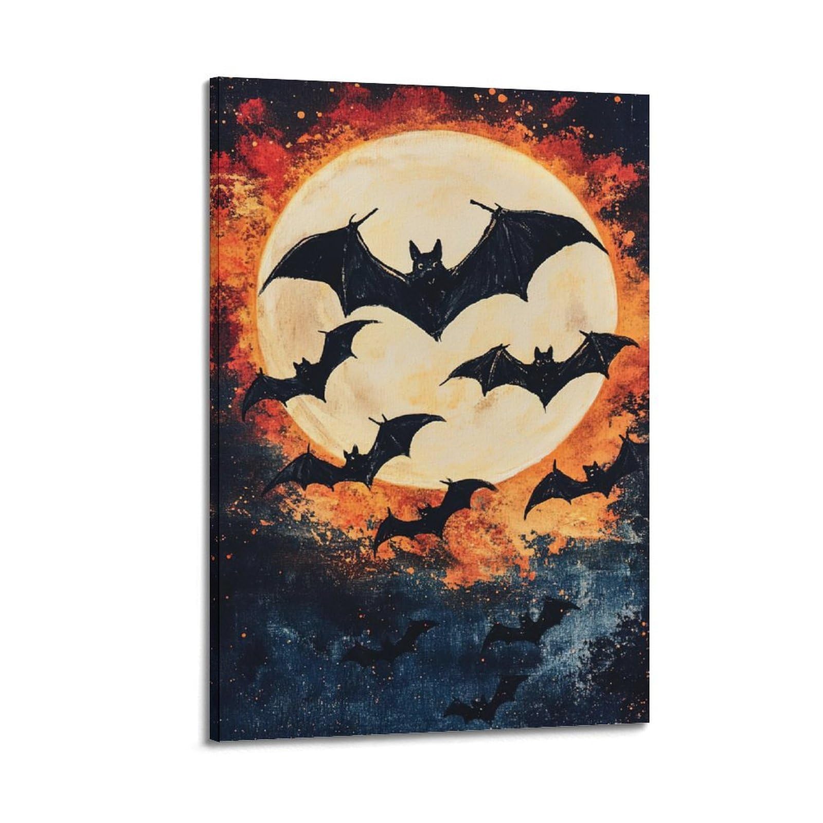 Modern Home Print - Poster da parete su tela, poster di Halloween, con sagoma di pipistrello e sciame al chiaro di luna, con sagoma misteriosa e ha un festival, decorazioni per Halloween, 50 x 75 cm
